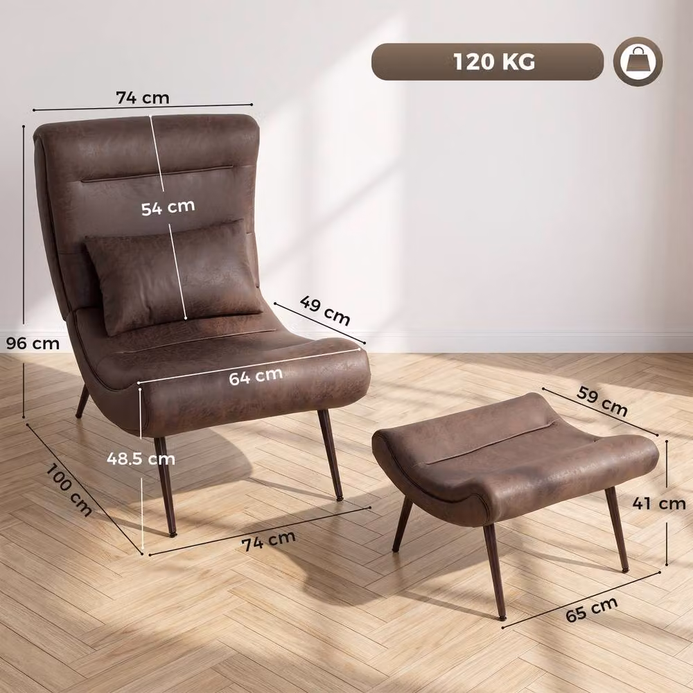 HOMCOM Modern Brown Synthetic Leather Accent Chair with Ottoman and Lumbar Pillow, Seat Width: 64 cm – 3