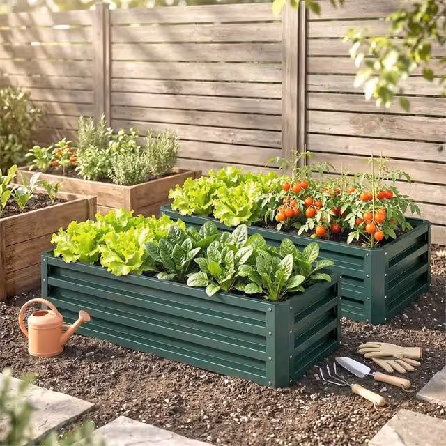 EONLION Set of 2 Green Galvanised Steel Outdoor Planter Box Raised Bed Tubs – 1