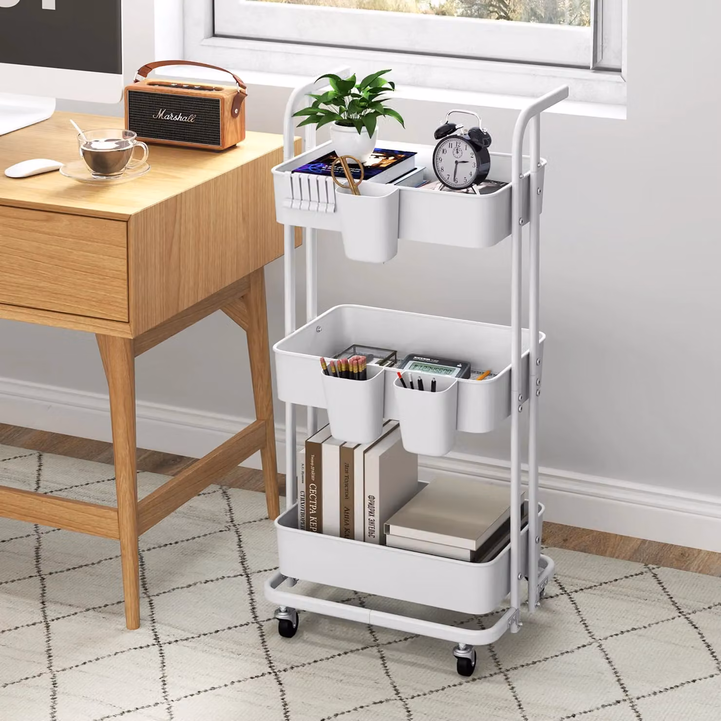 Costway 3-Tier Folding Rolling Storage Cart with 3 Hanging Cups and 6 Hooks, White – 3