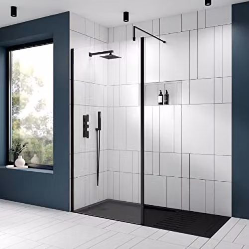 nuie WRSCOBP10 Modern Bathroom Outer Framed Wall Fixed Wetroom Screen with Support Arm, Clear Glass, Black, W: 100 cm, H: 185 cm, D: 8 cm – 2