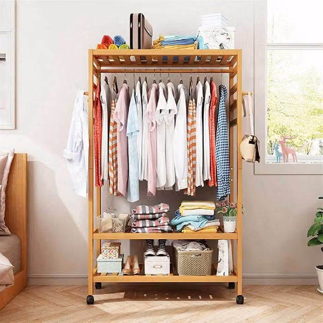 PAWNORA Bamboo Rolling Clothes Rack in Natural Wood, W/D/H: 78 x 37 x 165 cm – 1