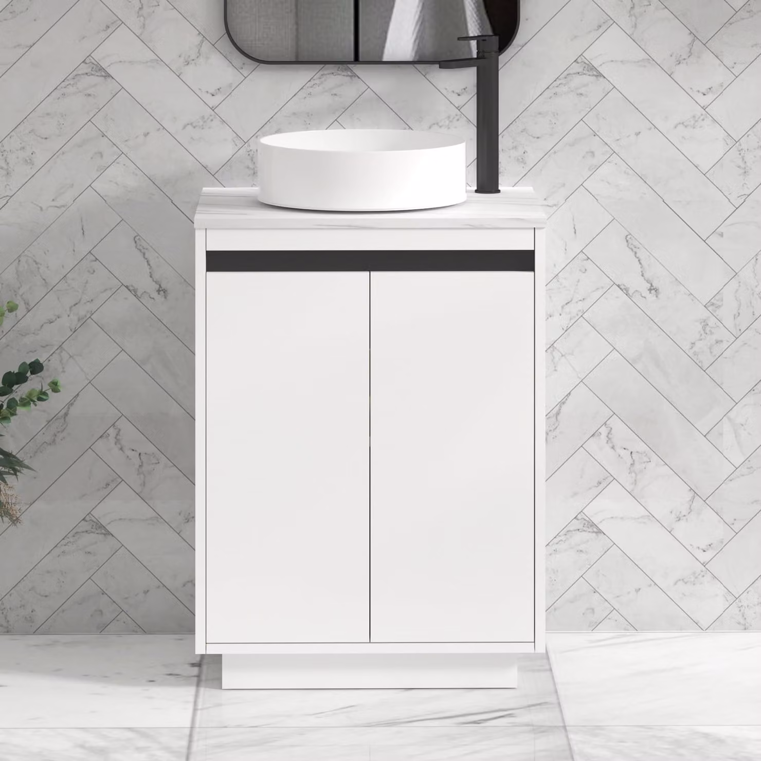 Royal Bathrooms Orion 800mm Matt White Floor Standing 2 Door Vanity Unit with Carrara White Undrilled Worktop and Black Accent Trim