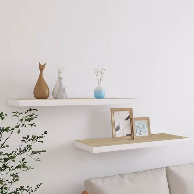 Berkfield Home Floating Wall Shelves, 2 Piece Set in Oak and White, W/D/H: 80 x 23.5 x 3.8 cm