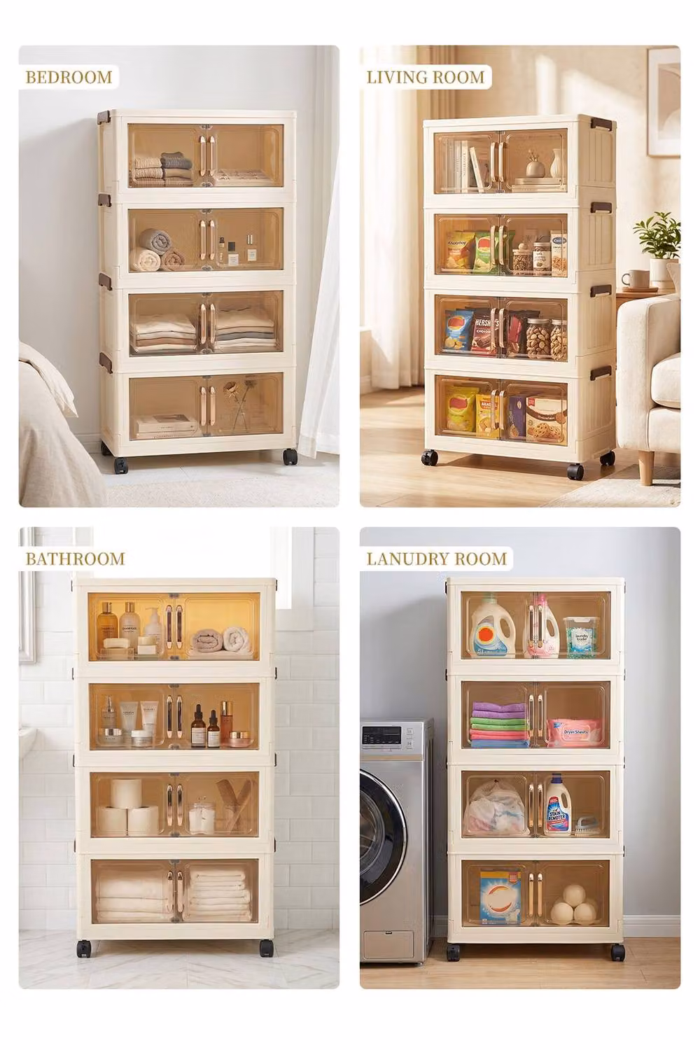 Garden Sanctuary 4-Tier Rolling Plastic Storage Cabinet with Magnetic Hinged Doors in Beige – 3