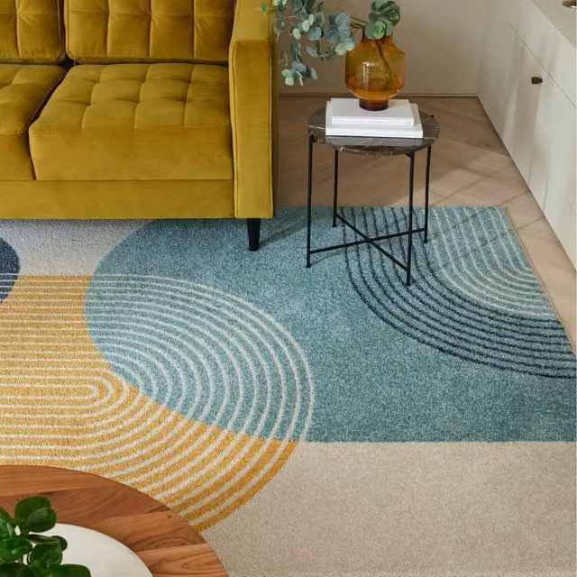 Furniturebox UK Retro Geometric Arches Rug in Blue, Yellow and Beige, W: 290 cm x D: 200 cm
