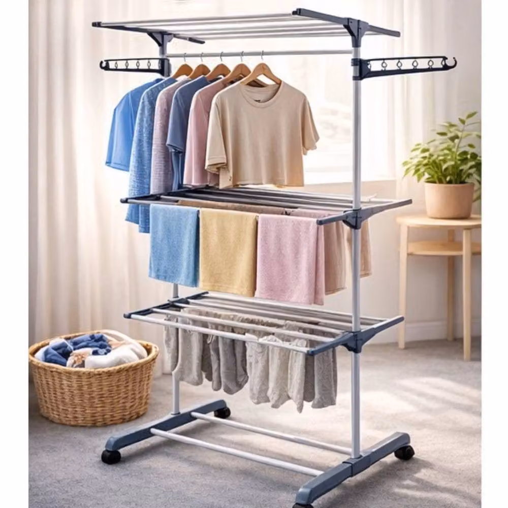 FORGEVIO 4 Tier Foldable Metal Clothes Airer Rack with Wing Arms in Grey – 2