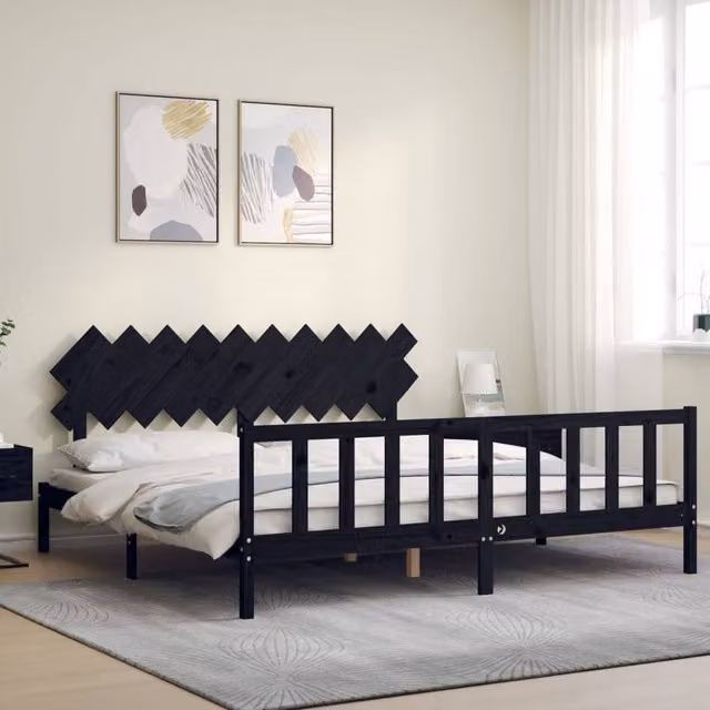Berkfield Home Beautiful Bed Frame with Headboard in Black Solid Pine Wood W/D/H: 200 x 200 x 80.5 cm