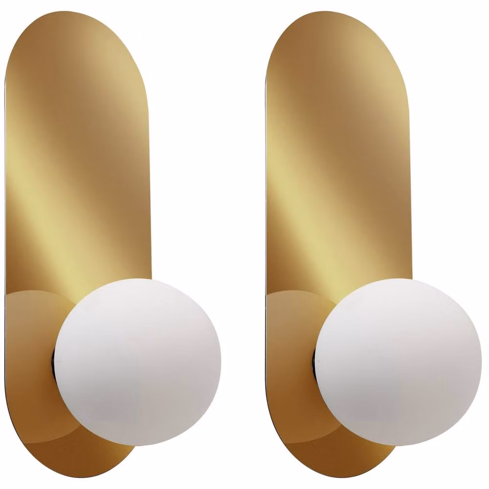 Wyld and Coco Set of 2 Gold and White Vintage Globe Wall Lamps with Opaque Glass Spheres – 2