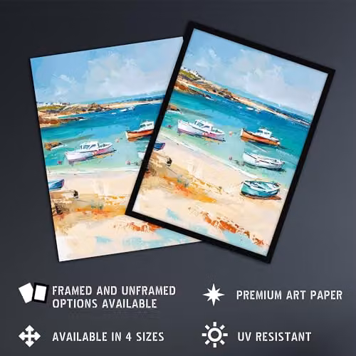 Artery8 Sandy Beach Bay Fishing Boats Coastal Landscape Wall Art Poster Print, Multicolour, W: 45.72 cm x H: 60.96 cm – 2