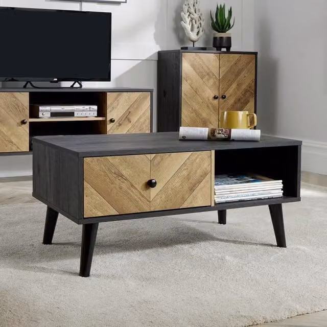 Home Source Mid-Century Rectangular Coffee Table with One Drawer and Open Storage in Black – 1