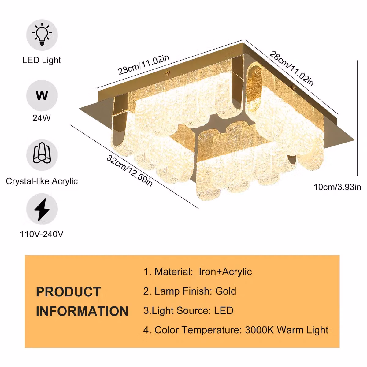 Garwarm 4-Light LED Acrylic Flush Mount Ceiling Light in Metallic Gold, Diameter: 32 cm – 3