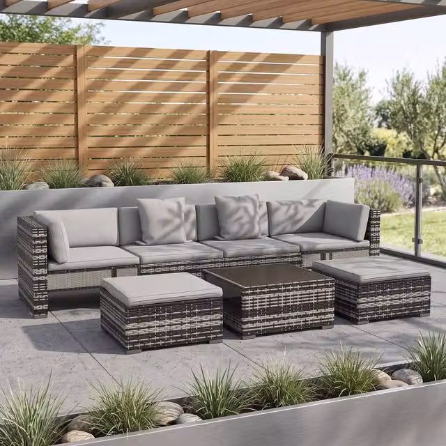 ERGOVEXA Seven-Piece Rattan Patio Furniture Set with Cushions in Mixed-grey