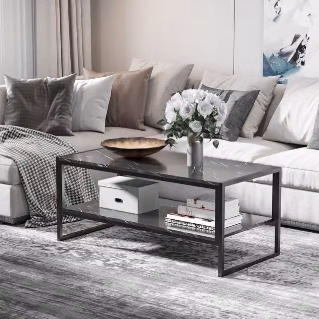HOMCOM Elegant Two Tier Marble Effect Coffee Table with Black Metal Frame