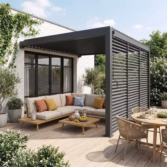 Sweekeek Lean-to Pent Pergola in Dark Grey with 3 x 130cm Louver Panels – 1
