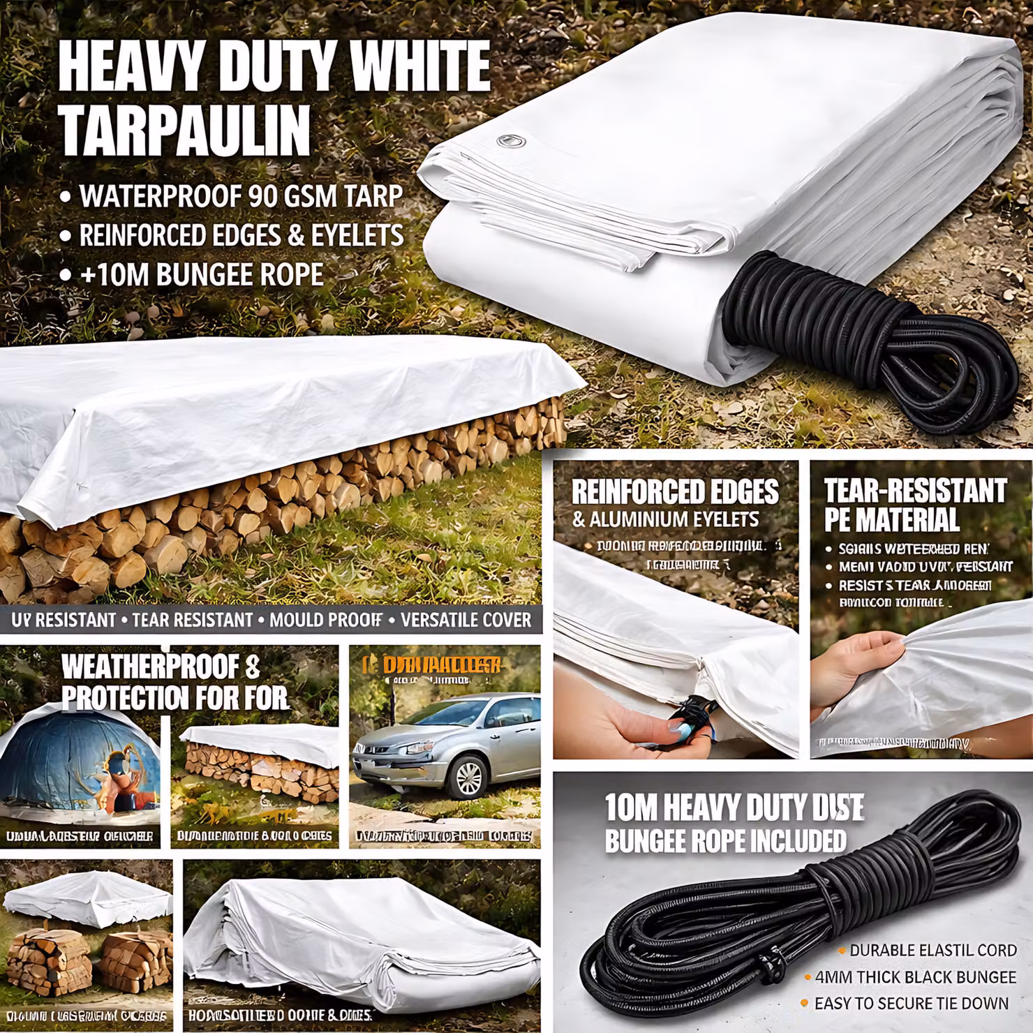 White Waterproof UV Resistant PE Tarpaulin Sheet with Aluminium Eyelets and 10m Bungee, 90 GSM, W: 6 m, D: 4 m – 2