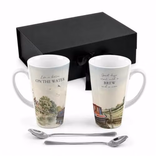 Purely Home Canal Boating Tall Latte Mugs and Spoons Gift Boxed Set, Multicolour