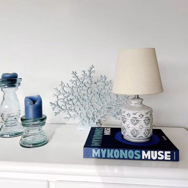 Wyld and Coco Beige and Blue Ceramic Table Lamp with Fabric Shade – 1