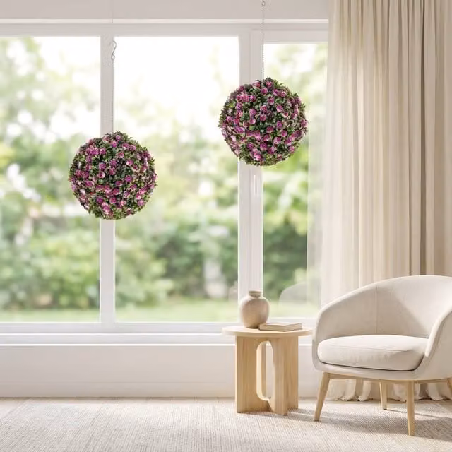 STILVORA Set of 2 Artificial Rose Topiary Balls, Green and Pink, Diameter: 28 cm