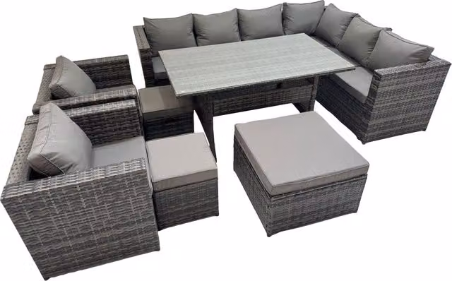 Fimous 11 Seater Rattan Patio Dining Corner Sofa Set with 2 Chairs and 3 Stools in Dark Grey