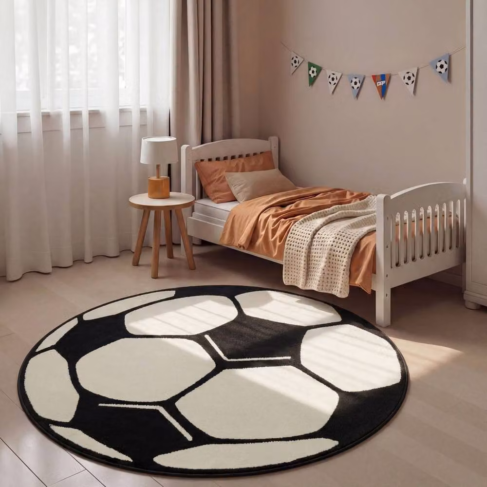 THE RUGS Velours Football Round Kids Play Mat, Black and Multicolour, Diameter: 100 cm – 2