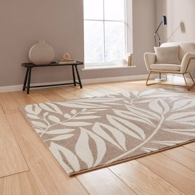 Catherine Lansfield Sorral Leaves Botanical Floral Rug in Beige and Brown