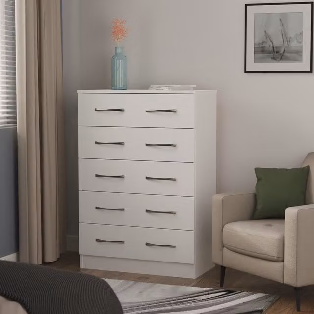 Avon Ready Assembled 5 Drawer Chest in White Matt