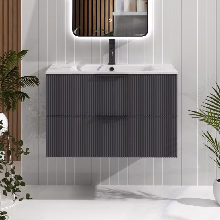 Royal Bathrooms Evora 800mm Graphite Grey Fluted Wall Hung 2 Drawer Vanity Unit with Carrara White Basin and Matt Black Handles