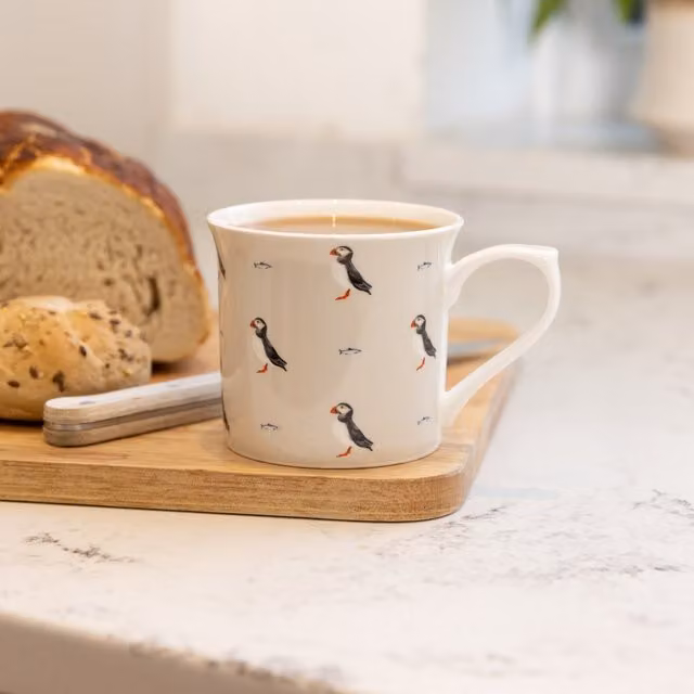 Set of 4 KitchenCraft White Fluted China Puffin Ceramic Mugs