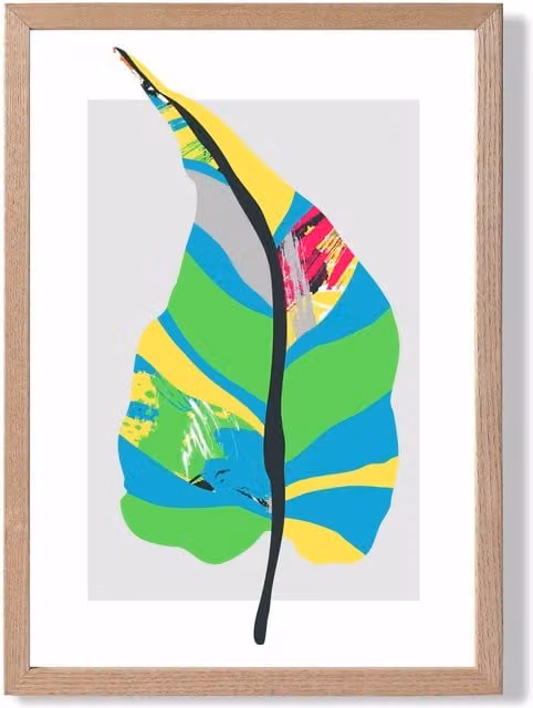 ARTZE Tropical Plant Blue and Green Abstract Minimalist Framed Print with Oak Frame, A3 Size