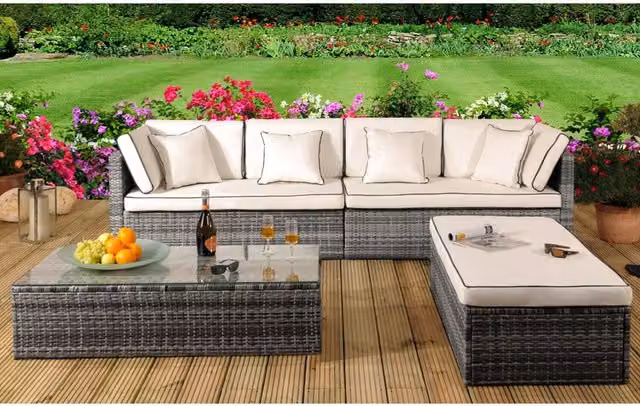 Comfy Living 4 Piece Modern Rattan Garden Patio Furniture Set in Grey and Beige with Metal and Glass Details