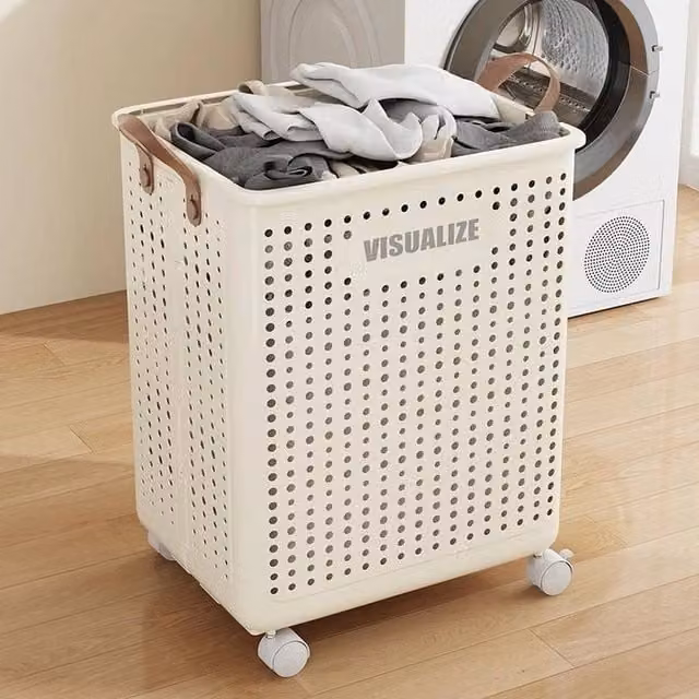 EONLION Cream Laundry Hamper with Wheels, 42L Collapsible Fabric Laundry Basket