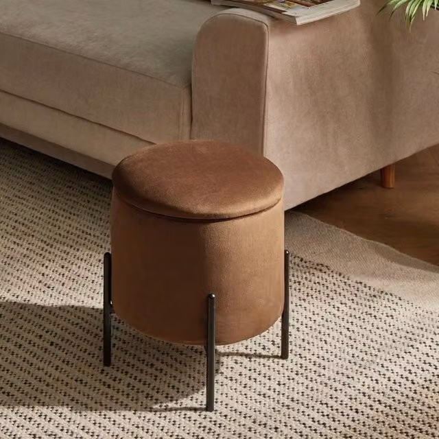 Wyld and Coco Dark Brown Velvet Storage Pouffe with Pine Wood Base
