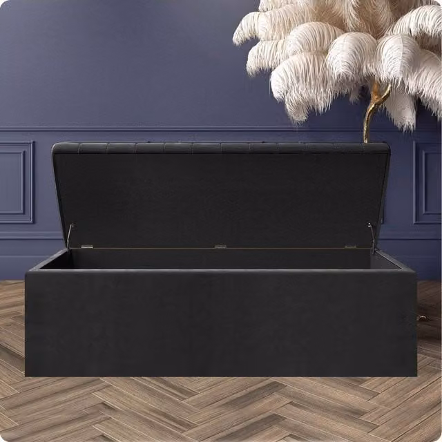 R&M Furnishers Black Plush Velvet Striped Upholstered Blanket Chest and End of Bed Bench