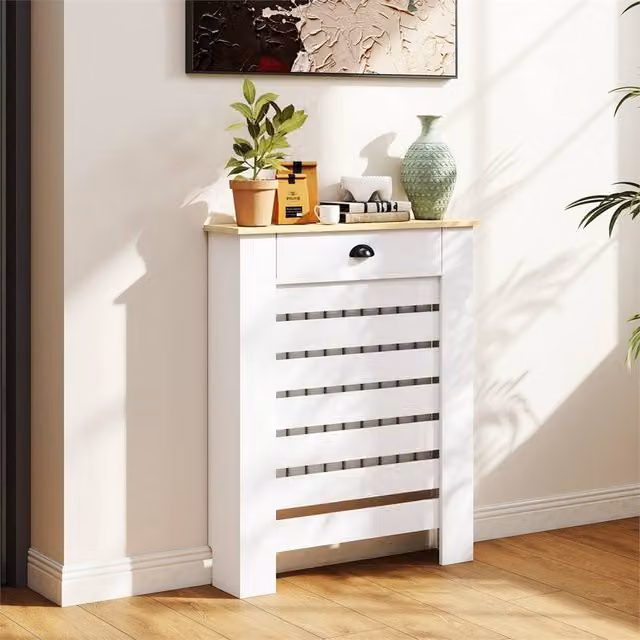 NESTLUNE Radiator Cover with Drawer in White with Horizontal Slats, W: 100 cm, D: 15 cm