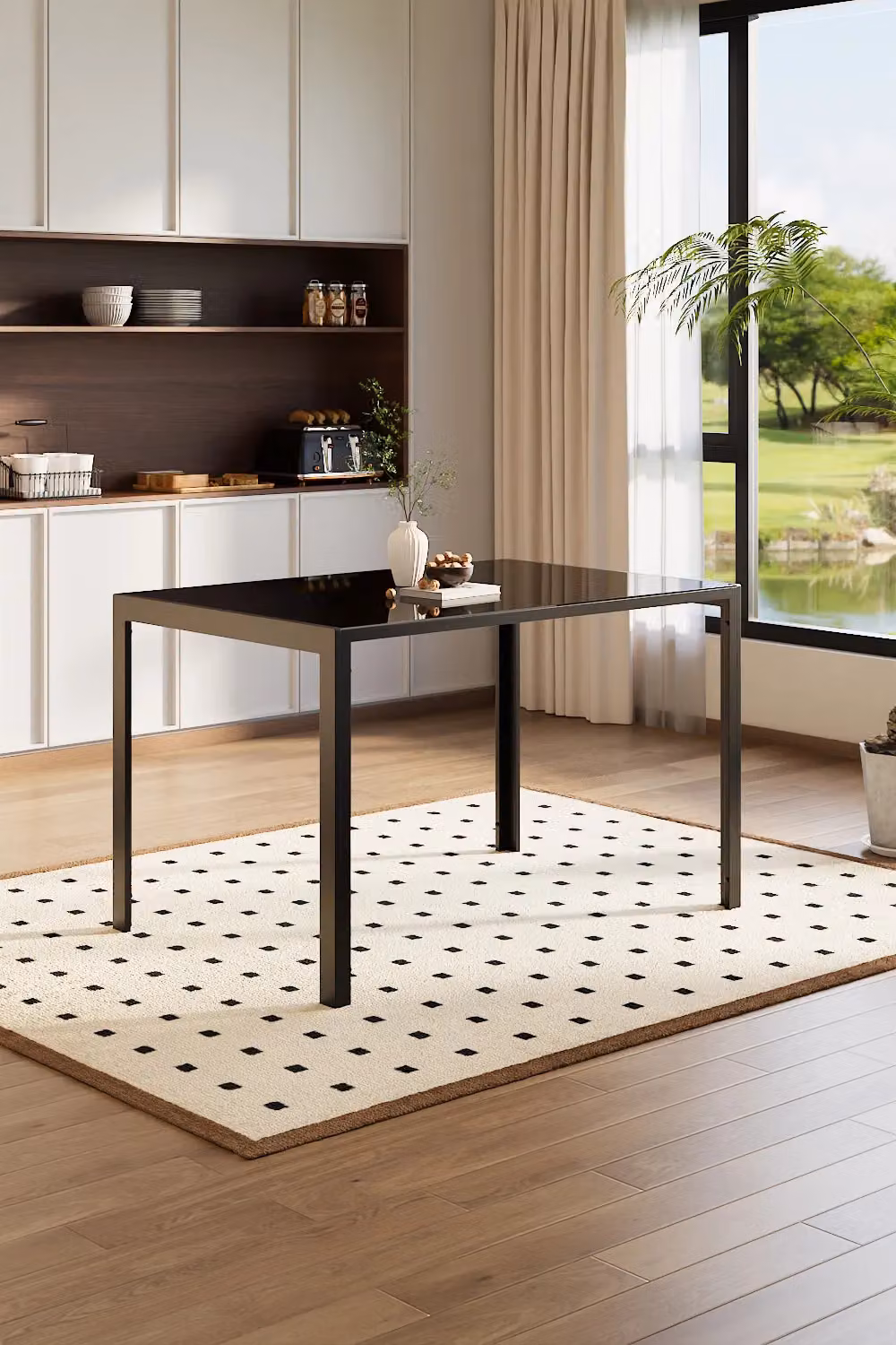 Living and Home Modern Rectangular Black Glossy Tempered Glass Kitchen Dining Table – 3