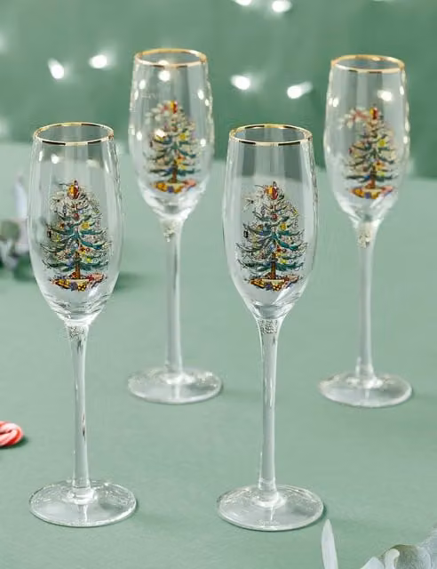 Spode Set of 4 Multicolour Christmas Tree Champagne Flutes with Gold Details