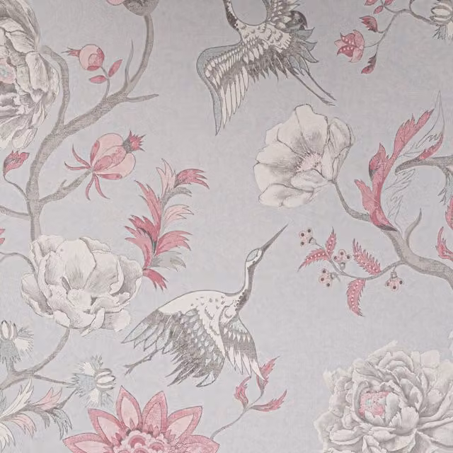 Arthouse Japanese Crane Birds Floral Textured Vinyl Wallpaper in Grey, Silver and Pink