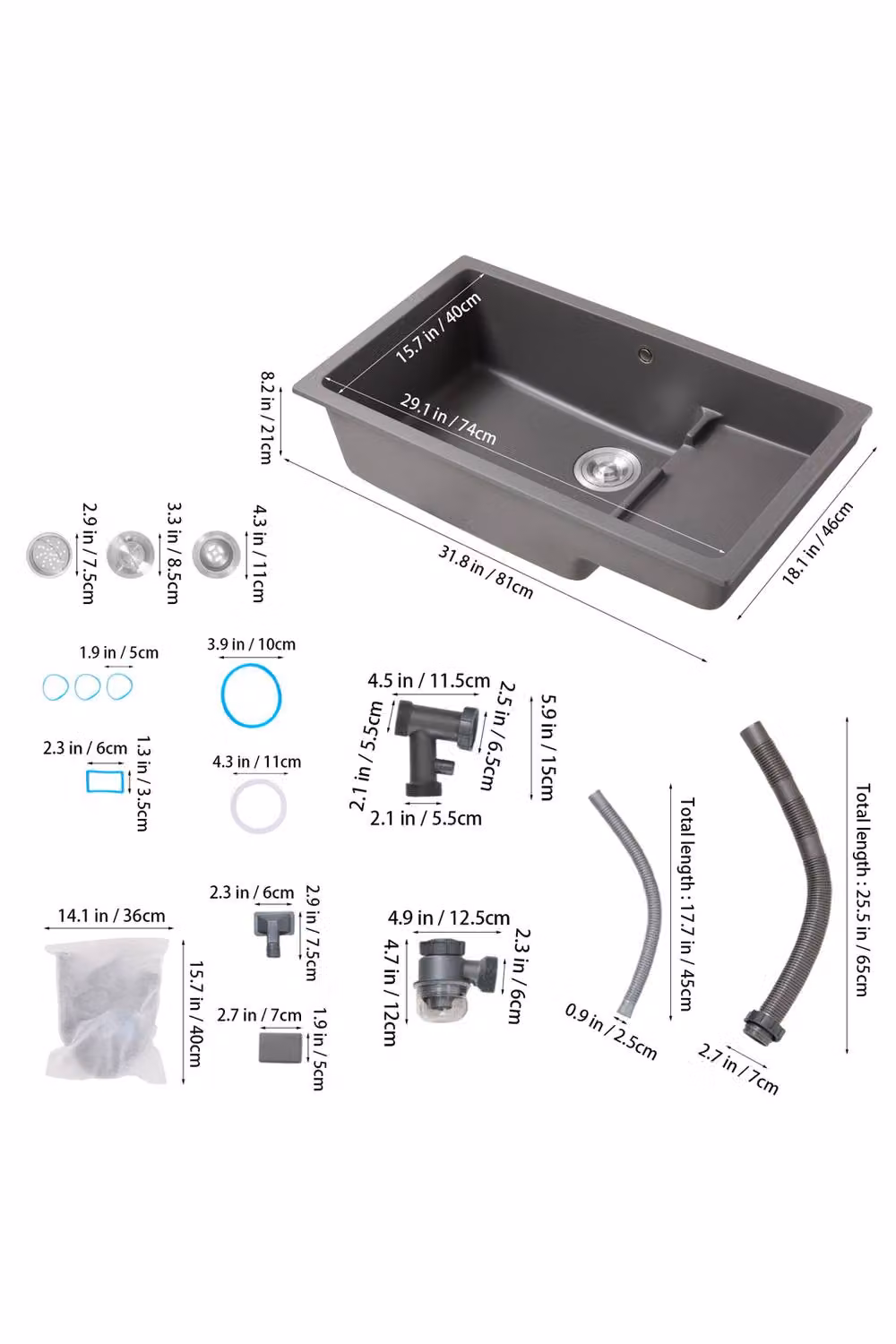 Living and Home Modern Grey Granite Composite Kitchen Sink with Waste Kit – 7