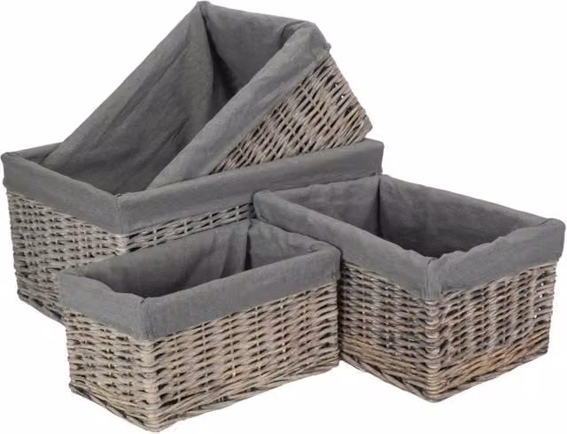 Red Hamper Set of 4 Grey Wash Willow Storage Baskets with Grey Cotton Lining