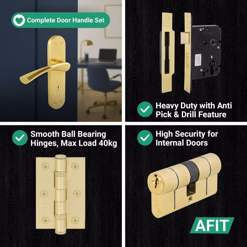 AFIT Satin Brass Euro Cylinder Door Handle, Lock and Hinges Complete Set in Gold – 3
