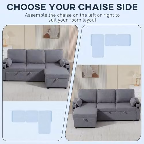 HOMCOM L-Shaped 3 Seater Corner Sofa Bed in Grey with Reversible Storage Chaise and USB Charging – 4