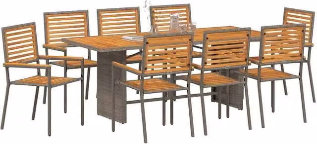 Berkfield Home 9 Piece Grey Poly Rattan and Acacia Wood Garden Dining Set