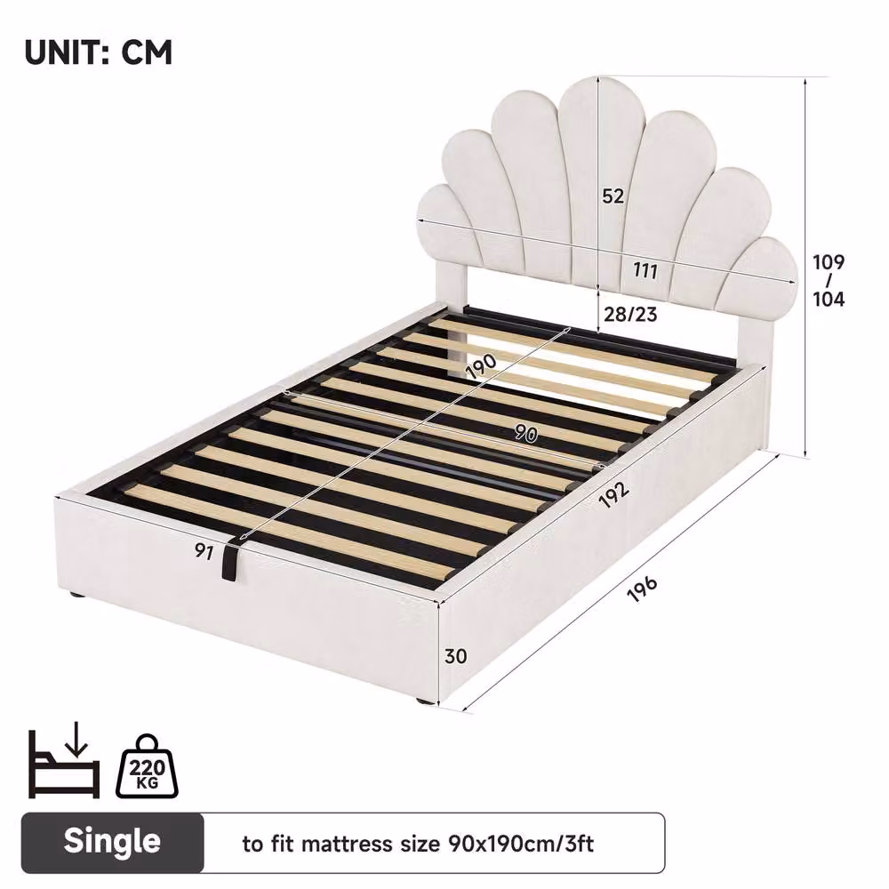 Rolipo Double Velvet Petal Upholstered Bed with Hydraulic Lift-Up Storage in Beige – 4