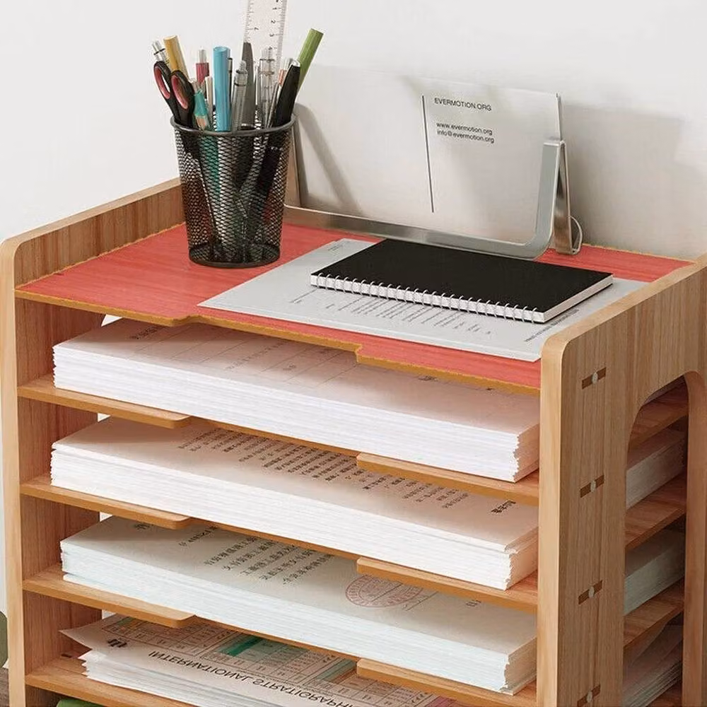 NESTLUNE 7 Tier Wood Desktop Filing Letter Tray Holder in Brown, W: 100 cm, D: 15 cm, H: 15 cm – 5