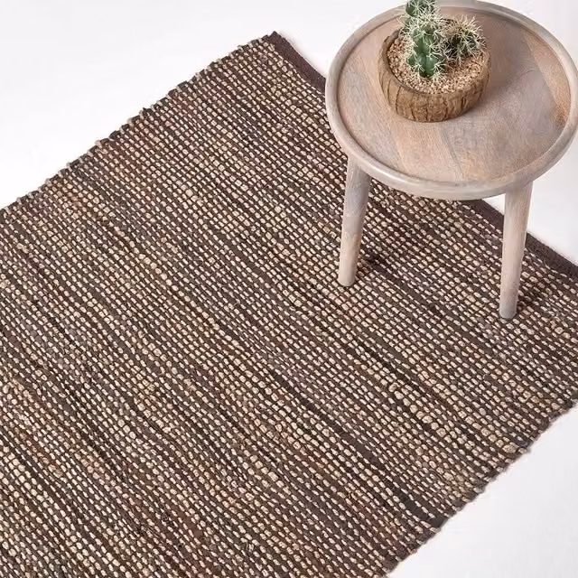 Homescapes Madras Woven Leather and Hemp Rug in Brown, Beige and Grey, W/D/H: 150 x 90 x 1 cm – 1