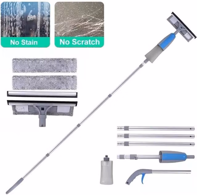 NESTLUNE 3 in 1 Spray Window Cleaner Squeegee with Telescopic Handle and Scraper, Grey, W: 15 cm, H: 100 cm
