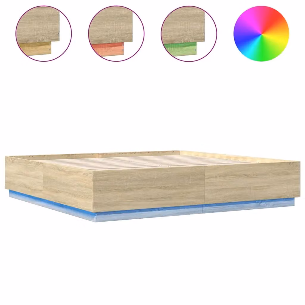 Berkfield Home Sonoma Oak Bed Frame with LED Under-Bed Lighting and USB Charging Port, Brown, W/D/H: 200 x 200 cm – 2