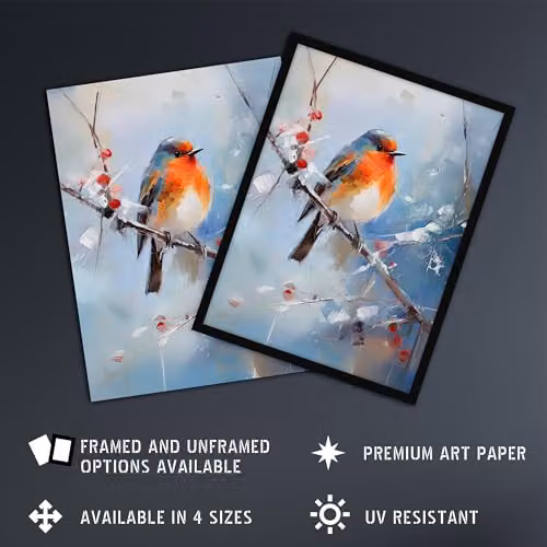 Artery8 Winter Robin Bird on Tree Branch Oil Painting Wall Art Poster Print on Thick Paper, W: 45.72 cm, H: 60.96 cm – 2
