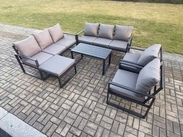 Fimous 9 Seater Aluminium Outdoor Garden Furniture Set in Dark Grey with L-Shape Sofa, Coffee Table and Ottoman