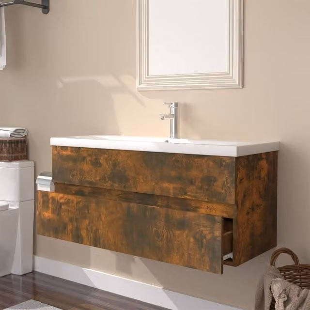 Berkfield Home Sink Cabinet with Built-in Basin in Smoked Oak Brown Engineered Wood – 1
